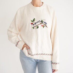 Cabelas Cream Embroidered Bird Blue Jay Branch Knit Cotton Cabincore Sweater M